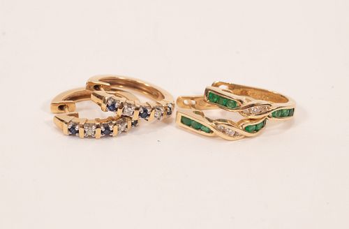 14KT YELLOW GOLD EARINGS, DIAMOND, AND SAPPHIRE ALSO PAIR WITH EMERALDS, 2 PAIRS 