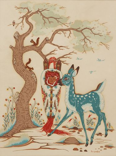 WOODY  CRUMBO,  SERIGRAPH H 16" W 12" "FAWN AND PAPOOSE" 