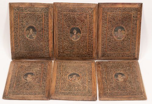 INDIAN HAND PAINTED PORTRAITS, CARVED FRAMES SIX H 14" W 10" 