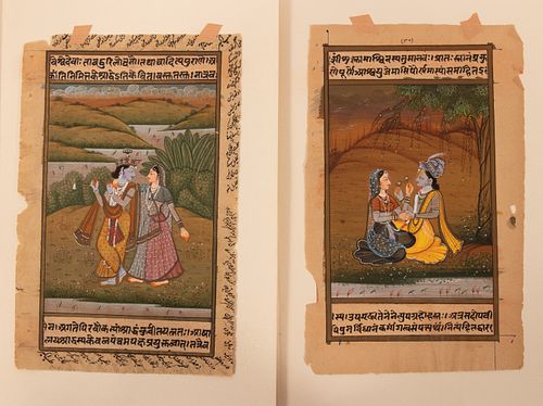 INDIAN ILLUMINATED MANUSCRIPTS ON PAPER, 19TH C, 2 PCS H 8.5", W 5.5", COURTING SCENES 