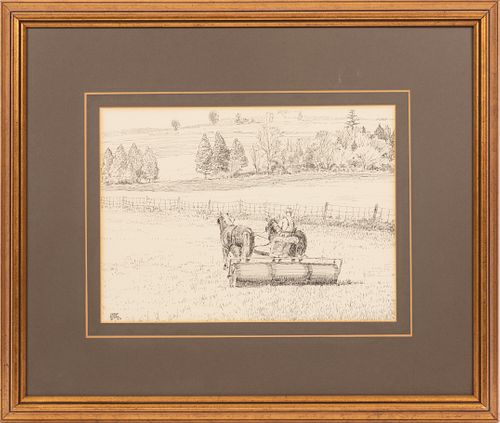 PETER SNYDER, CANADA INK DRAWING 1978 H 12" W 16" ROLLING THE BACK FIELD 