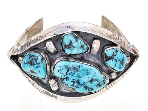 NATIVE AMERICAN STERLING SILVER & TURQUOISE BRACELET, W 2.25", T.W. 1.98 TOZ 