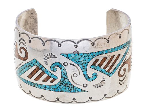 NAVAJO STERLING SILVER, TURQUOISE & CORAL BRACELET, W 2.25", T.W. 2.21 TOZ 