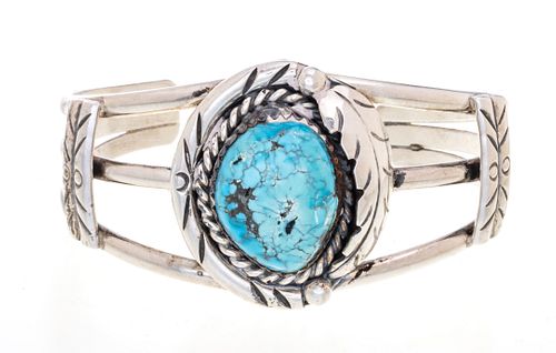 NATIVE AMERICAN STERLING SILVER & TURQUOISE BRACELET, W 2", T.W. 1.02 TOZ 