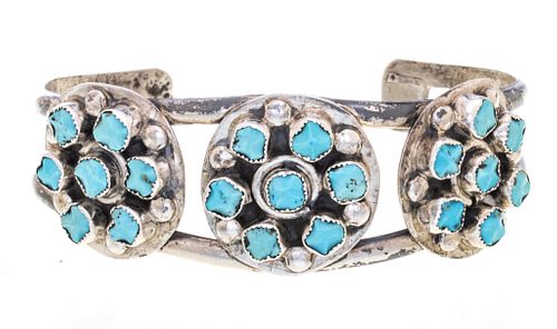 NATIVE AMERICAN STERLING SILVER & TURQUOISE BRACELET, W 2", T.W. .8 TOZ 