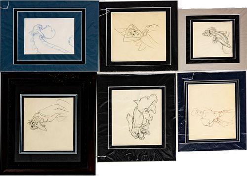 WALT DISNEY STUDIOS ANIMATION PRODUCTION SKETCHES, MID 20TH C., SIX PIECES, LADY AND THE TRAMP, CINDERELLA, SLEEPING BEAUTY AND PETE'S DRAGON 