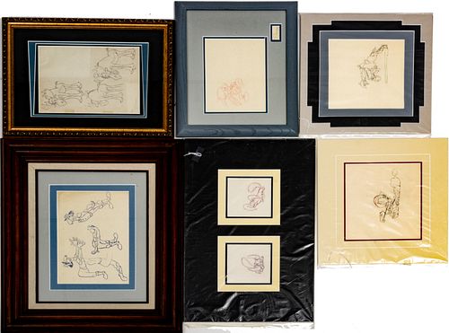 WALT DISNEY STUDIOS PRODUCTION SKETCHES, MID 20TH C., SIX PIECES, THE RELUCTANT DRAGON, LITTLE HIAWATHA, THE ROBBER KITTEN, ECT. 