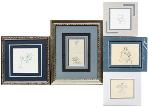 WALT DISNEY STUDIOS PRODUCTION SKETCHES AND DRAWINGS, FIVE PIECES, DONALD DUCK, PLUTO AND GOOFY 