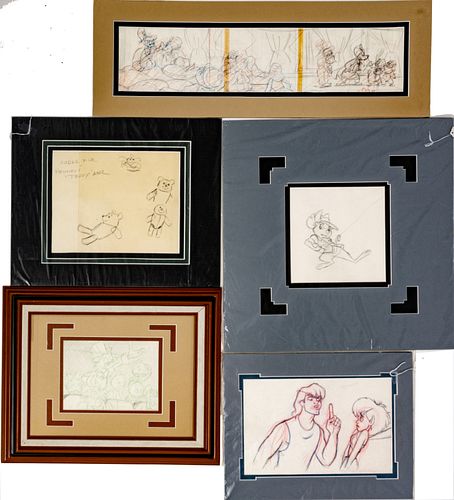 WALT DISNEY STUDIOS PRODUCTION SKETCHES, 20TH C., FIVE PIECES, DUCKTALES, THE RESCUERS, FERNGULLY 