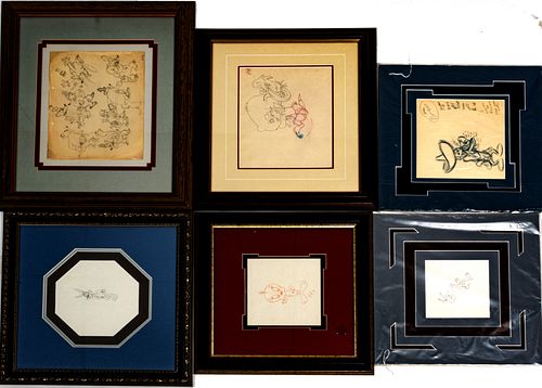 WARNER BROTHERS, MGM STUDIOS, TERRYTOONS, ANIMATION PRODUCTION SKETCHES, 20TH C., SIX PIECES, BUGS BUNNY, TWEETY BIRD, WILE E. COYOTE, ECT. 