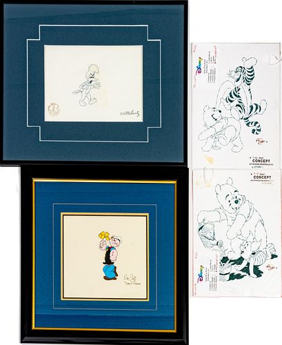 ANIMATION PRODUCTION CEL, CONCEPT ART AND SKETCH, FOUR PIECES, WINNIE THE POOH, POPEYE, WOODY WOODPECKER 