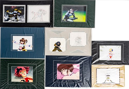 JAPANESE ANIMATION CELS AND SKETCHES, 20TH C., SIXTEEN PIECES, SAMURAI TROOPERS, ECT. 
