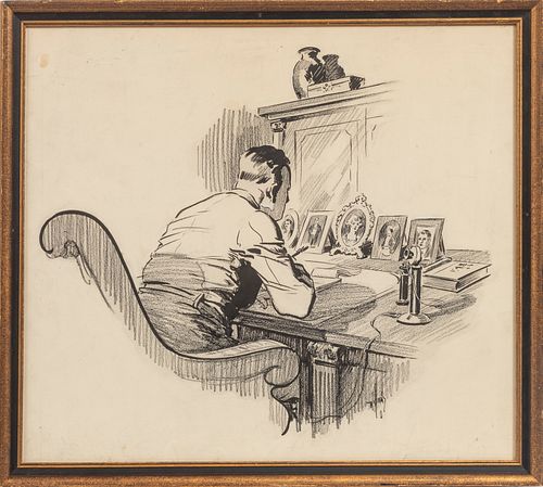 CARL WILLIAMS, INK & CHARCOAL ON PAPER, C. 1920, H 20.25", W 17.5", PENNING A LETTER 