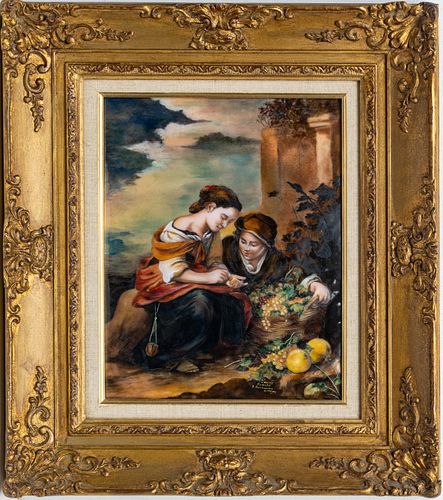 FRENCH ENAMEL ON COPPER PLAQUE, H 15 1/2", W 12", YOUNG COUPLE WITH A BASKET OF FRUIT 