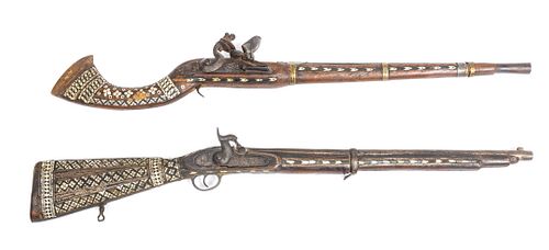 MOROCCAN BONE CLAD FLINTLOCK AND PERCUSSION CAP RIFLES, 19TH C., TWO PIECES, L 38" (BOTH) 