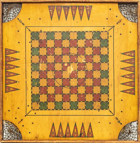 ARCHARENA COMBINATION STAR GAME BOARD PATINATED WOOD, LEATHER POCKETS 1890-1910 H 28.75" W 28.75" 