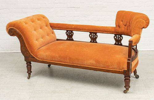 VICTORIAN WALNUT AND UPHOLSTERED CHAISE C 1870 H 34" L 67" 