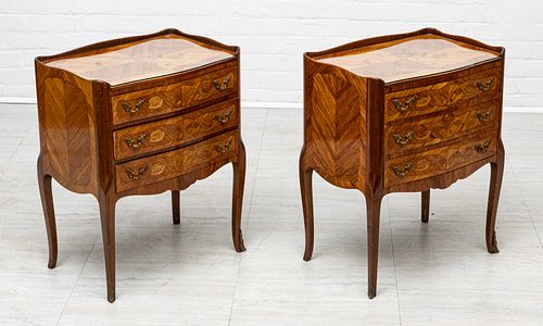 FRENCH STYLE MARQUETRY THREE DRAWERS COMMODES, PAIR, H 25" W 20" 