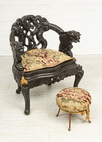 CHINESE CARVED TEAKWOOD ARMCHAIR, C 1900 H 33" W 27" 