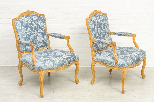 LOUIS XV STYLE WALNUT OPEN ARM CHAIRS, PAIR H 38" W 26" 