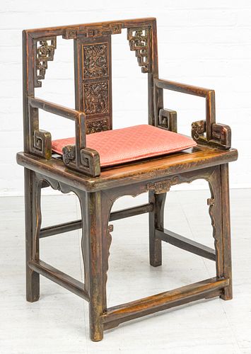 CHINESE CARVED WOOD OPEN ARMCHAIR, C 1900 