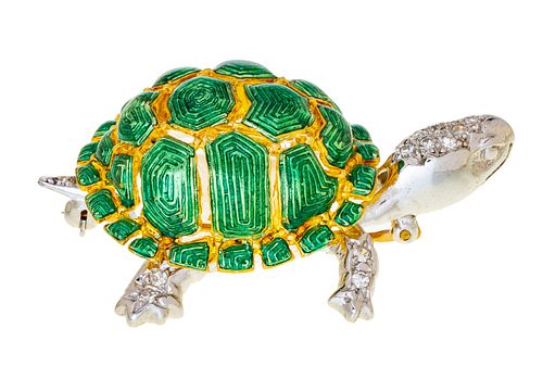 18KT YELLOW GOLD, DIAMOND AND ENAMEL TURTLE BROOCH
