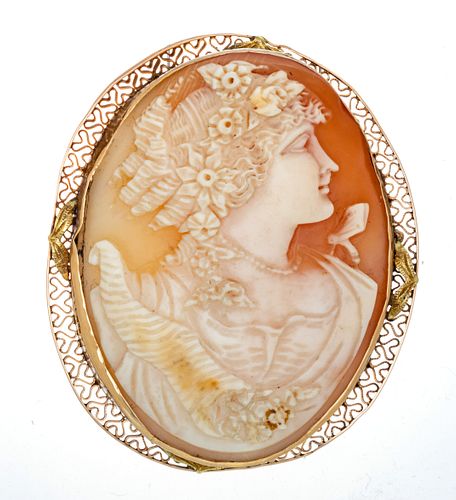 CAMEO CARVED BROOCH, 14KT YELLOW GOLD H 2.2" W 2" 