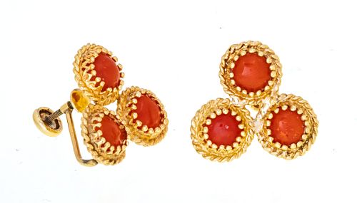 GOLD AND CORAL EARRINGS, SCREW BACKS 
