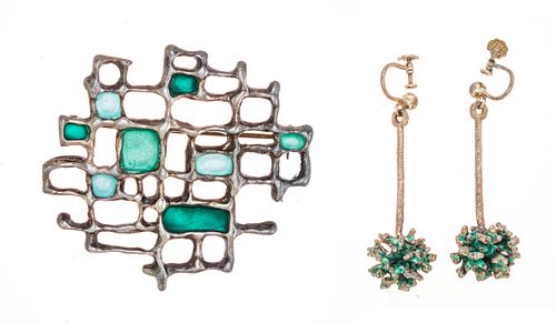 DAVID ANDERSON, OSLO, BROOCH AND EARRINGS,  STERLING AND ENAMEL. W 1.9" 