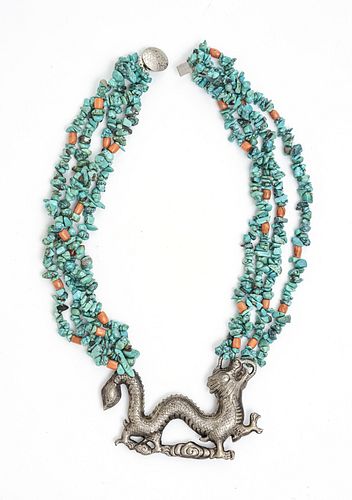 CHINESE UNMARKED SILVER, TURQUOISE & CORAL NECKLACE, L 20", T.W. 5.34 TOZ 