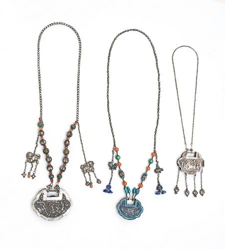 CHINESE UNMARKED SILVER, TURQUOISE & CARNELIAN NECKLACES, 3 PCS, L 21"-34", T.W. 10.58 TOZ 