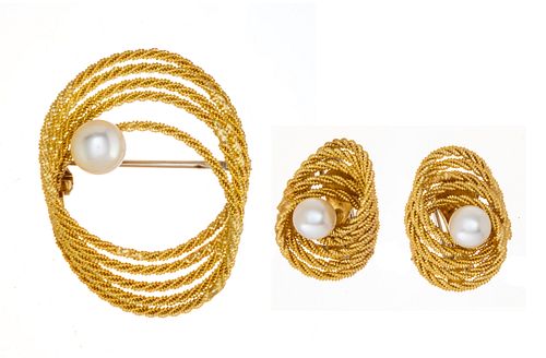 14KT GOLD PEARL BROOCH AND EARRINGS 