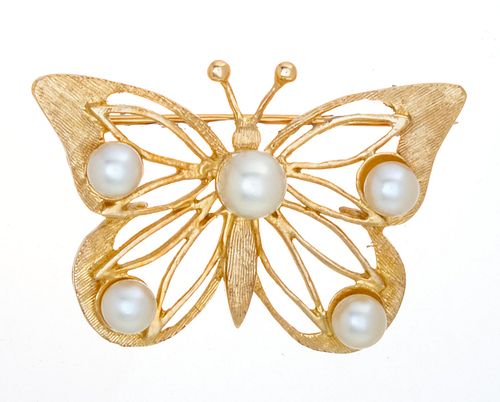14KT YELLOW GOLD AND PEARL BUTTERFLY BROOCH