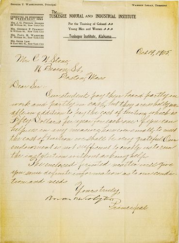 BOOKER T. WASHINGTON, SIGNED LETTER DATED OCT 19,1905 TUSKEGEE NORMAL AND INDUSTRIAL INSTITUTE 