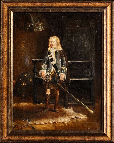 OIL ON CANVAS  H 17" W 13" PORTRAIT OF A BOY STANDING WITH A SWORD 