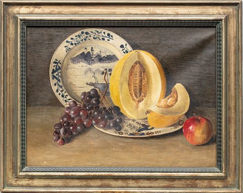 OIL ON CANVAS  H 15" W 20" STILL LIFE BLUE AND WHITE SERVING PLATES AND FRUIT 