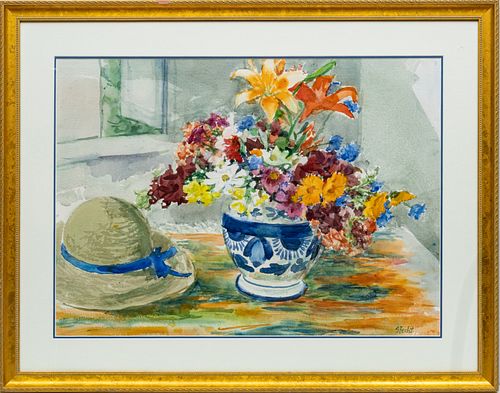 MARJORIE HECHT, WATERCOLOR, H 21" W 29" STILL LIFE FLOWERS AND STRAW HAT 