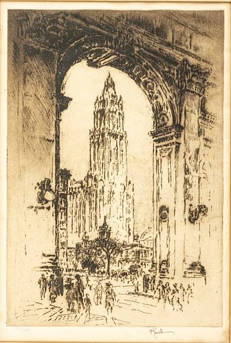 JOSEPH PENNELL, AM 1860 - 26, ETCHING, H 9.7" W 6.8" "WOOLWORTH THROUGH THE ARCH" 