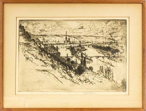 JOSEPH PENNELL, AM 1860 - 26, ETCHING H 7.8" W 12" "ROUEN FROM BON SECOURS" 
