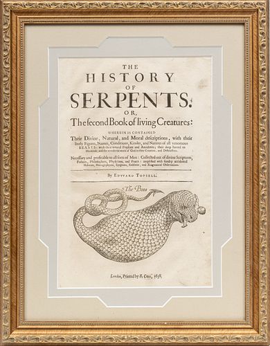 WOODCUT TITLE PAGE FROM EDWARD TOPSELL'S "THE HISTORY OF THE FOUR-FOOTED BEASTS AND SERPENTS", C. 1658, H 12", W 8" 