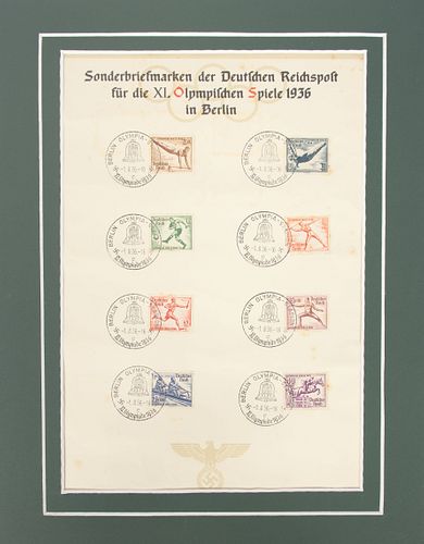 1936 BERLIN OLYMPIC GAMES CANCELLED STAMPS, EIGHT, H 11", W 7 1/2" (VISIBLE SHEET) 
