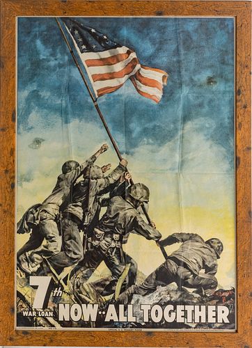 U.S. TREASURY 7TH WAR LOAN LITHOGRAPH POSTER, 1945, H 37", W 26", RAISING THE FLAG AT IWO JIMA 