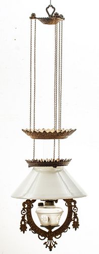 AMERICAN IRON FRAME, GLASS SHADE HANGING LAMP, C 1870 H 21" DIA 15" 