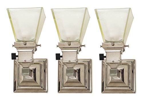 CHROMED METAL SCONCES, FROSTED GLASS SHADES, 3 PCS, H 9", W 4.5" 