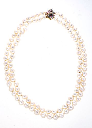 LADIES DOUBLE STRAND BAROQUE PEARL NECKLACE WITH TWENTY-THREE NATURAL ROUND GEMSTONES L 23" 