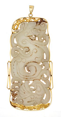 JADE AND 14KT GOLD DRAGON PENDANT 