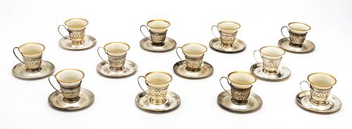 GORHAM STERLING AND LENOX DEMI TASSE CUPS AND SAUCERS, SET OF 10 