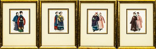 CHINESE HAND PAINTINGS ON SILK, SET OF FOUR, H 4.25"  W 2.5" 