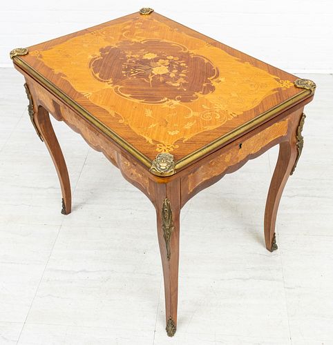 LOUIS XV STYLE TABLE, FRUITWOOD INLAY, BRONZE MOUNTS 19TH C.  H 30" W 31" D 22" 