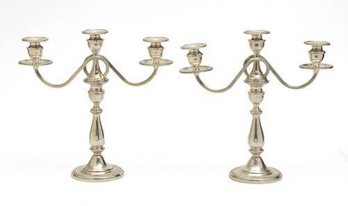 MUECK - CARY STERLING SILVER CANDELABRAS, PAIR, H 13" W 13" 3 LIGHT 